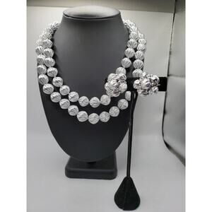 Vintage Japan Silver Tone Textured Bead Necklace Clip Earring Set